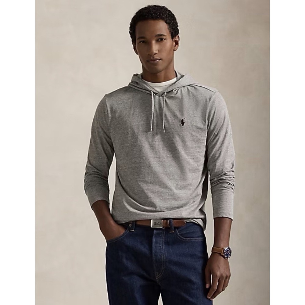 Polo Ralph Lauren Jersey Hooded T Shirt in Heather Grey Men Large Blue Pony